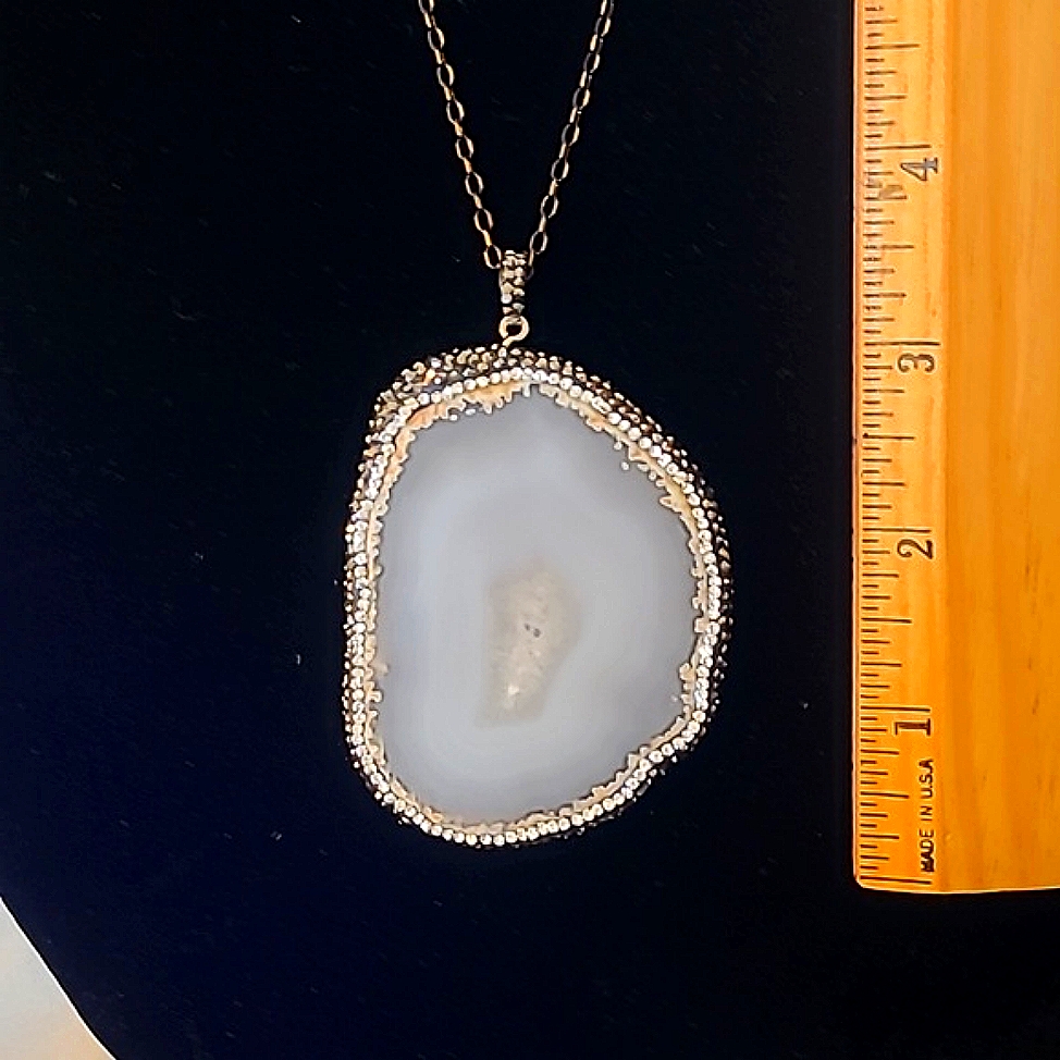 Genuine Natural Taupe/Gray Large Agate Slice W/ Swarovski Black Mothers Day